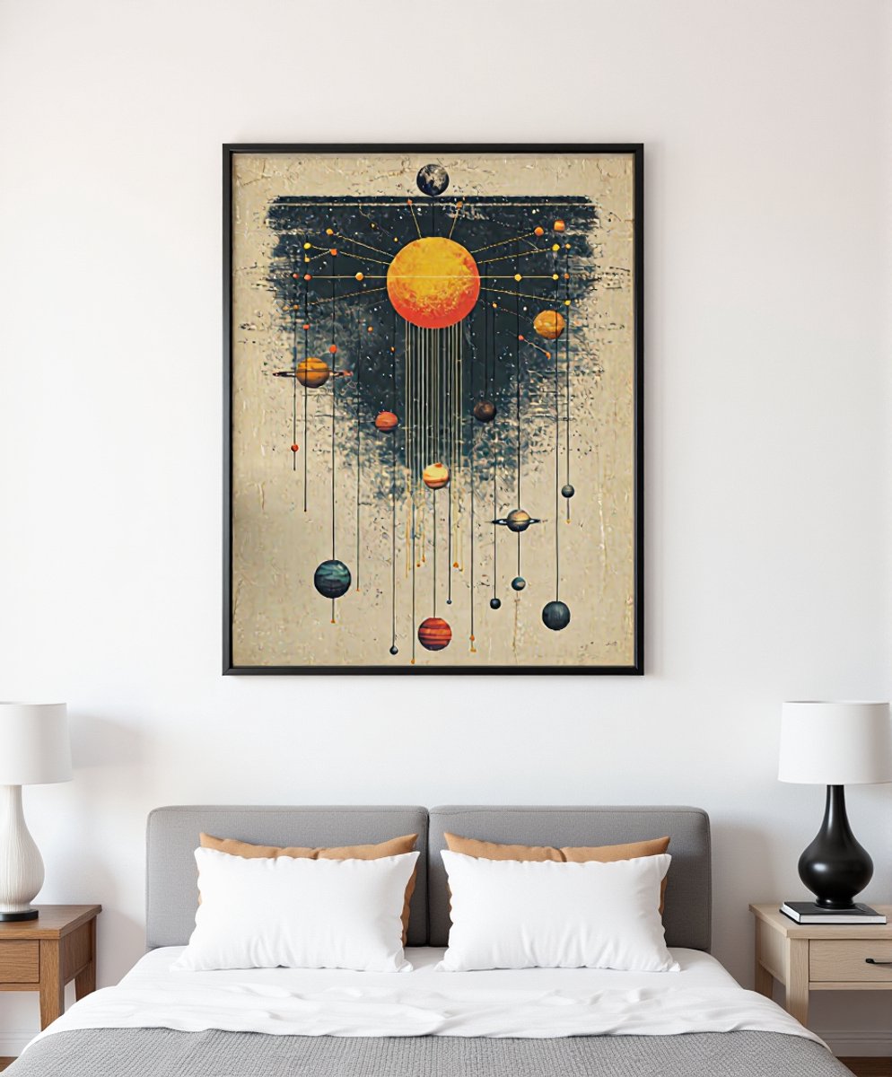 Wanddecoratie Zonnestelsel - Schilderij van Planeten in Vintage Stijl op Canvas - Retro Ruimte Kunst voor Woonkamer, Slaapkamer of Kantoor