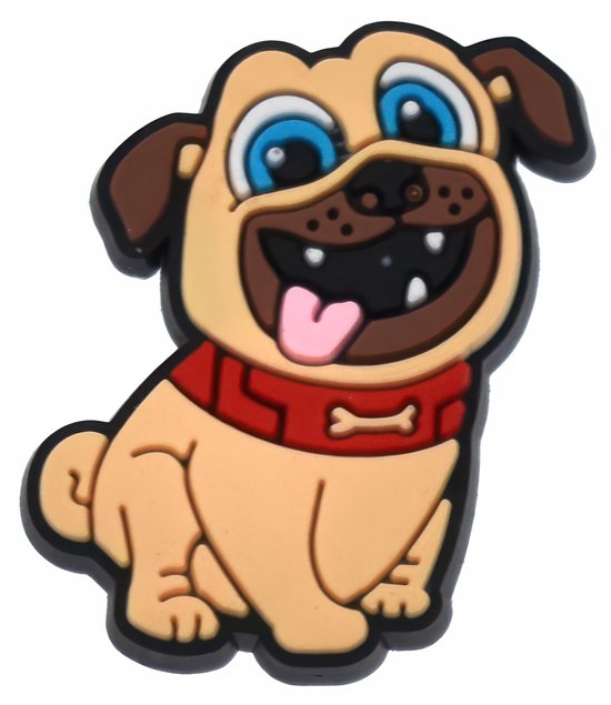 Zittende gele cartoonpug met blauwe ogen, rode halsband met botje, en tong uitgestoken.