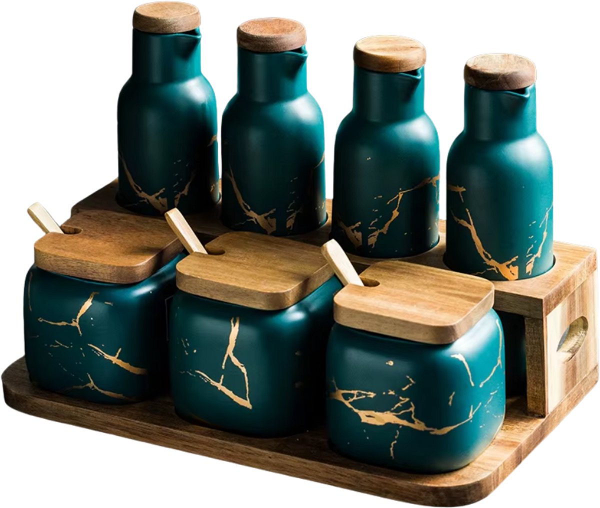 Keramische Kruidenpotjes & Olieflessen Set – 7 Delig – Met Houten Deksel & Lepels – Inclusief Bamboe Tray – Groen Zwart Goud Marmer Look – Voor Olie, Azijn, Kruiden & Sauzen