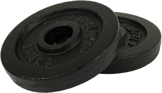 Twee zwarte gietijzeren halterschijven van 1,25 kg met een centrale opening.