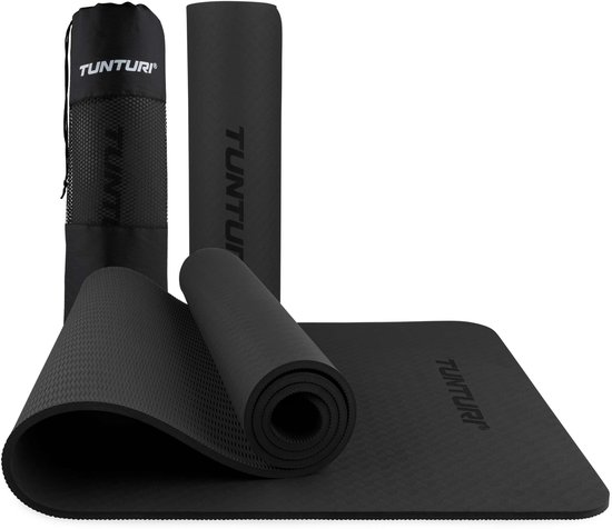 Tunturi Yoga Mat 8mm - Pilates mat - Extra dikke fitness mat - 183x61x0,8 cm - Incl Draagtas - Ecologisch materiaal - Eenvoudig te reinigen - Zwart