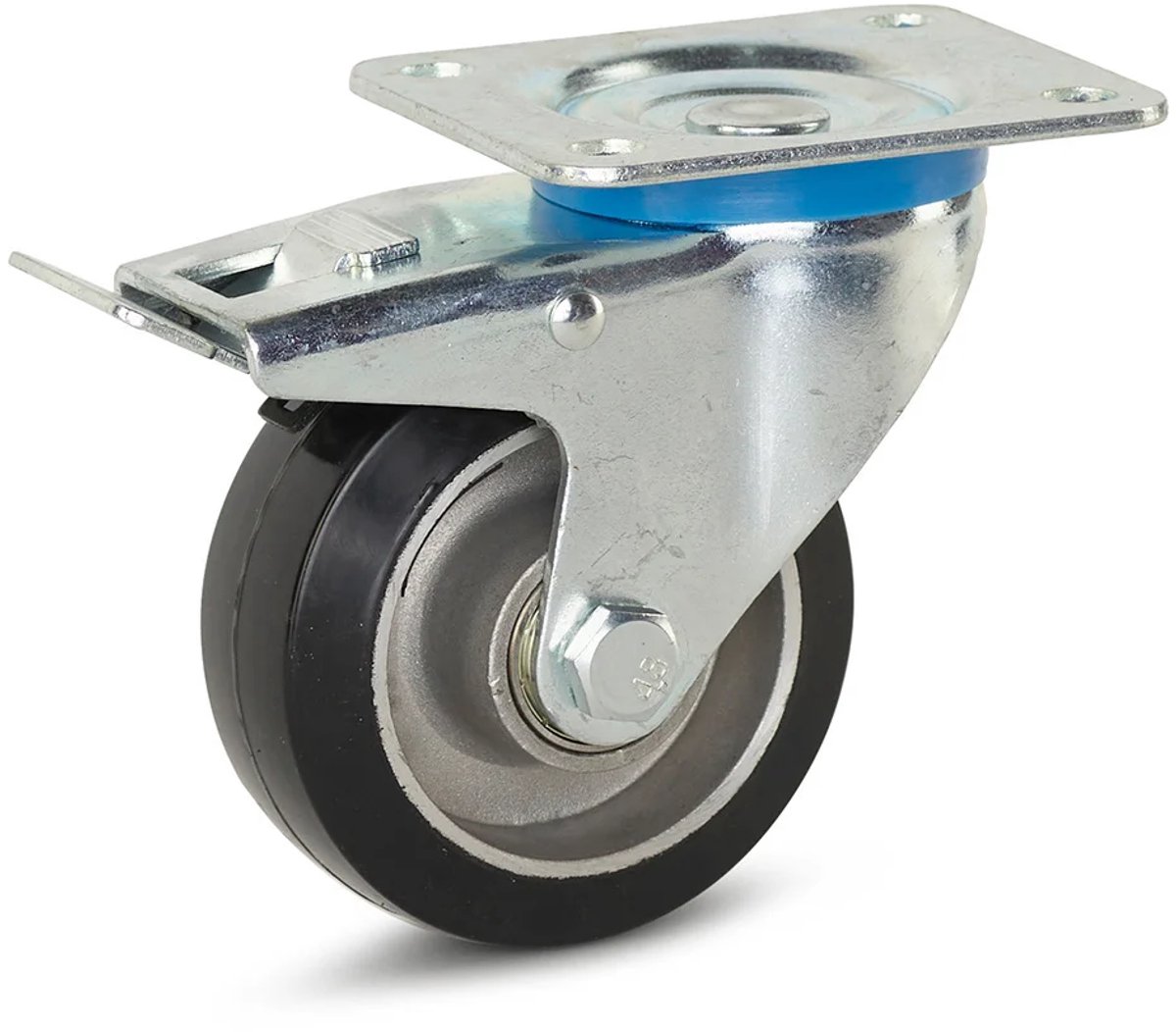 Zwart elastisch rubber zwenkwiel geremd met topplaat - 100mm - 220kg