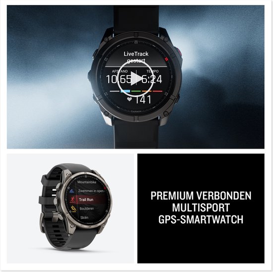 Top view van een grijze Garmin multisport GPS-smartwatch met LiveTrack gestart. Onder een lijst met activiteiten.
