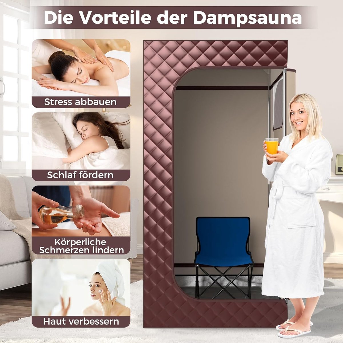 COSTWAY Stoomsauna, thuissauna voor thuis, full-body saunabox met 3-liter stoomgenerator, afstandsbediening, voetmassageapparaat en klapstoel, draagbare saunatent 91 x 91 x 183 cm (bruin) thumbnail 4