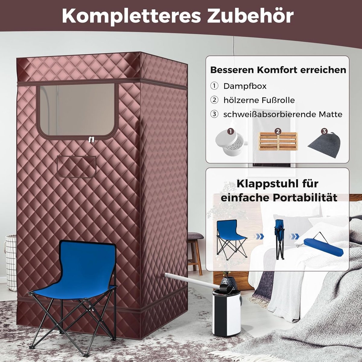 COSTWAY Stoomsauna, thuissauna voor thuis, full-body saunabox met 3-liter stoomgenerator, afstandsbediening, voetmassageapparaat en klapstoel, draagbare saunatent 91 x 91 x 183 cm (bruin) thumbnail 3