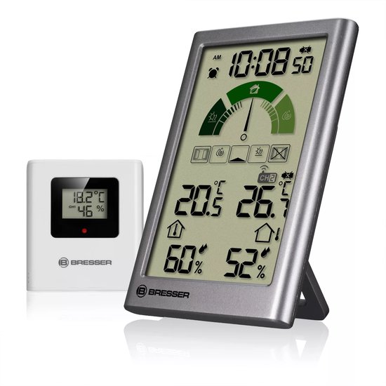 Wit weerstation naast een zilverkleurig weerstation, beide met display.
