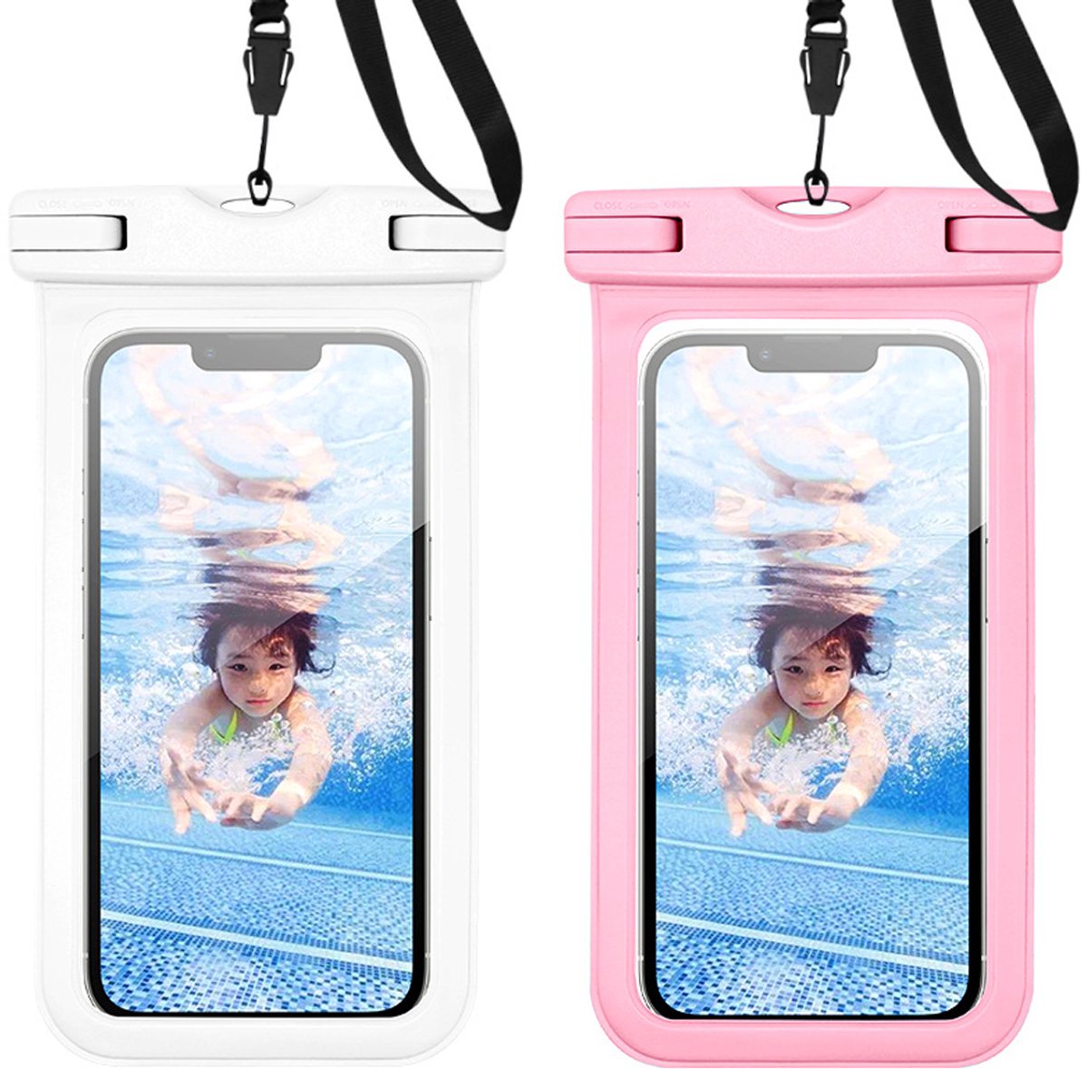 Waterdichte Telefoonhoes - PVC, touchscreen duikhoes - Waterbestendig met nekkoord - Bescherming bij zwemmen en regen - Voor vrouwen en mannen - Roze+Wit - 20x10,5cm - 1 stuk