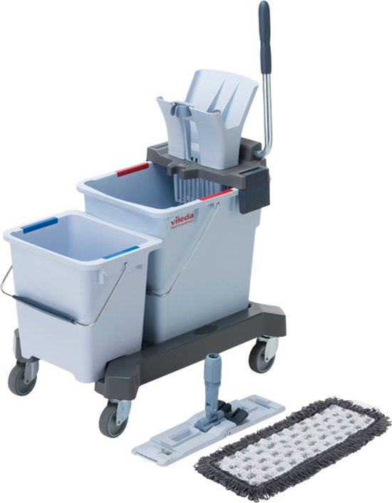 Chariot de nettoyage Vileda UltraSpeed Duo gris avec deux seaux, une serpillière et une raclette.