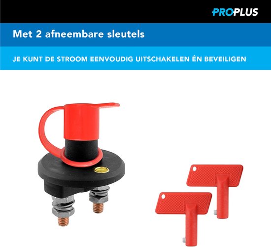 Hoofdstroomschakelaar met rode dop en twee rode sleutels.