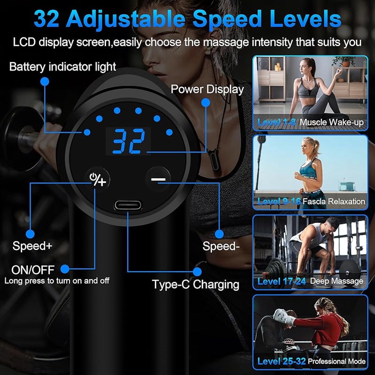 Mini-spiermassagepistool, diepe spiermassagepistool, uitgerust met 32 instelbare intensiteitsniveaus, 4 massagekoppen, LCD-scherm en Type-C-oplaadpoort, speciaal ontworpen om spierpijn te verlichten. - Mini-spiermassagepistool, - €32,19