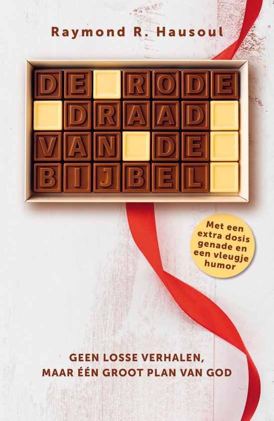 Barre de chocolat en forme de "Fil rouge de la Bible" avec les lettres D,E,R,O,D,E,D,R,A,A,D,V,A,N,D,E,B,I,J,B,E,L en chocolat. Avec un ruban rouge et des pois jaunes.
