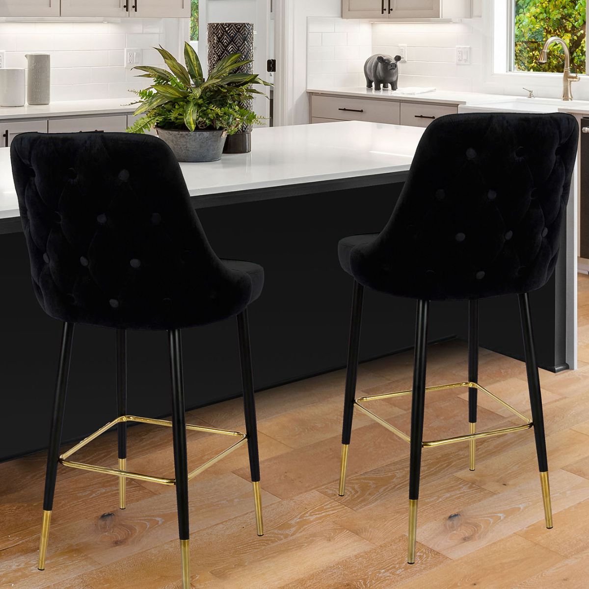 Floraya - Barstoel Moonlight - Zwart - Draagkracht 130KG - Velours - Design barstoel