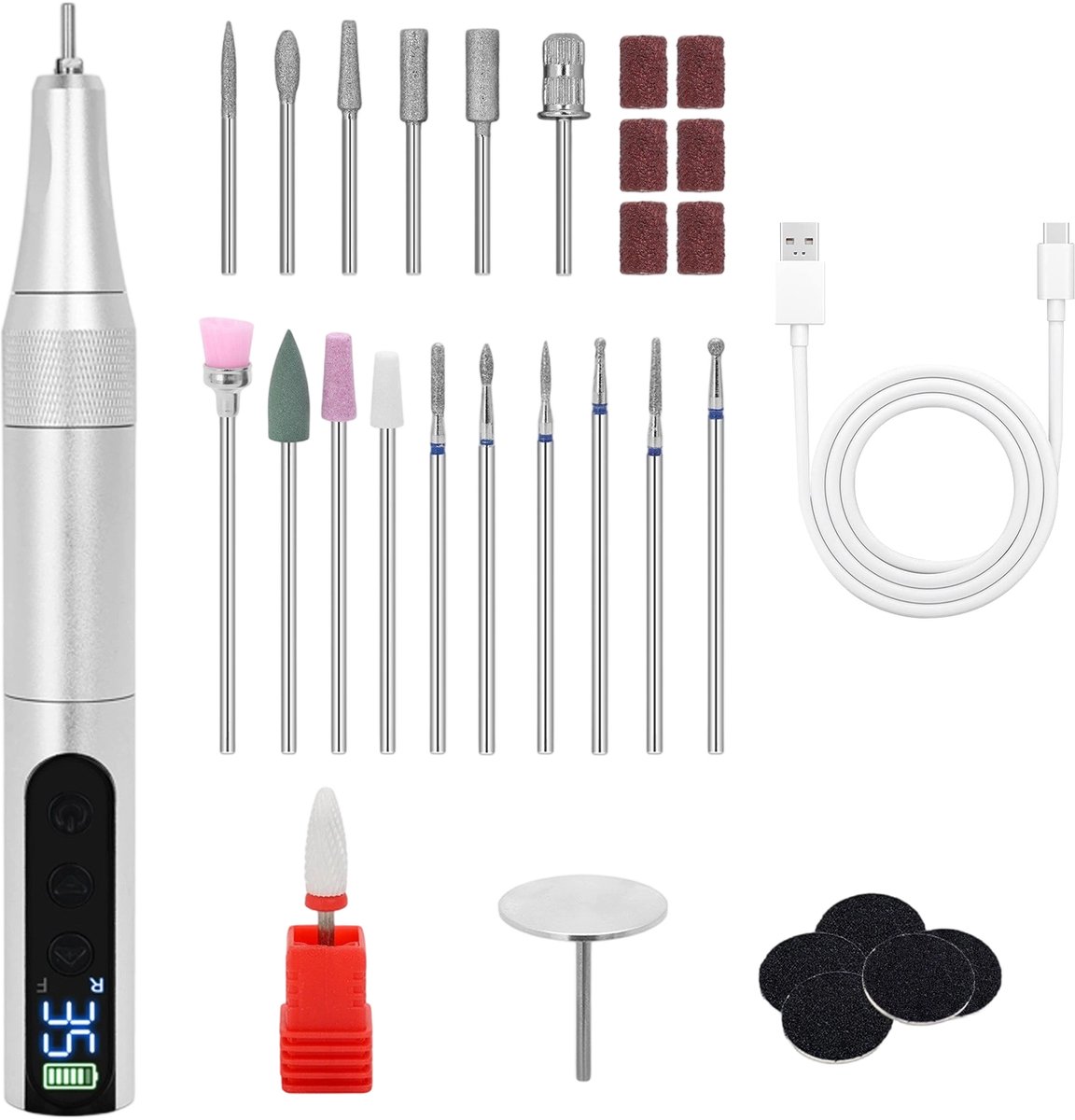 Peysaitr – Elektrische nagelvijl 35000 RPM - 18-in-1 elektrische manicureset - Draadloze gelnagelboor met LCD-scherm - Nagelboor - Manicure- en pedicureset - Oplaadbaar - Draagbaar - 18 schuurkoppen + 5 schuurschijven + 6 schuurringen - Zilver