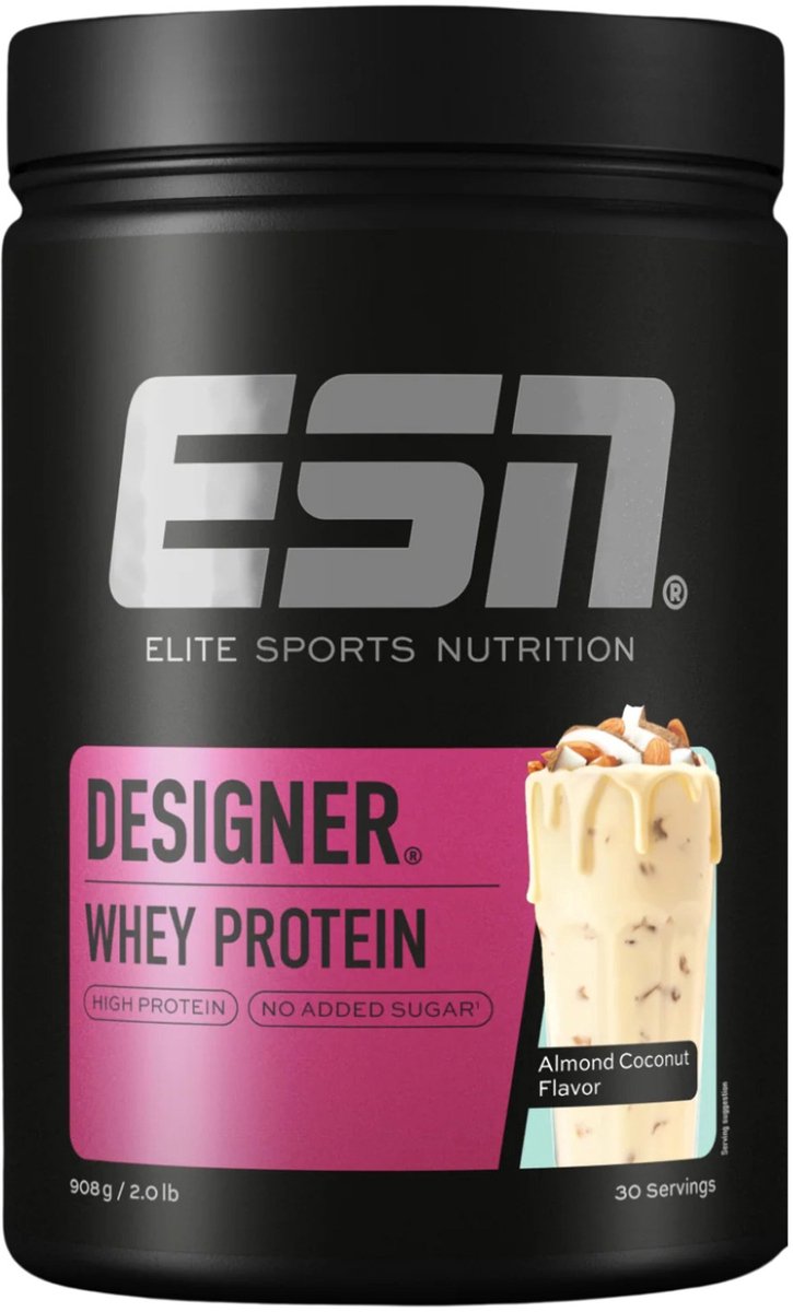 ESN Designer Whey Protein – Smaak Almond Coconut – Whey Eiwitpoeder voor Shakes met Concentraat & Isolaat – Zonder Toegevoegde Suikers – 25g Eiwit per Portie – 908g