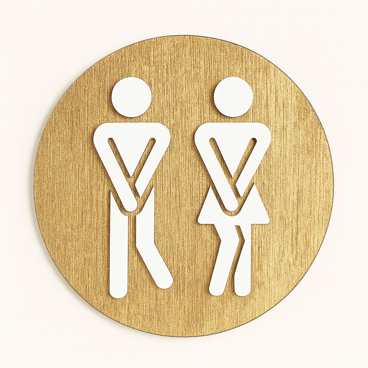Luxe gouden houten wc bordje - witte afbeelding van man en vrouw op een gouden achtergrond - handgemaakt van goudkleurig hout - zelfklevend - medium formaat 14 cm diagonaal