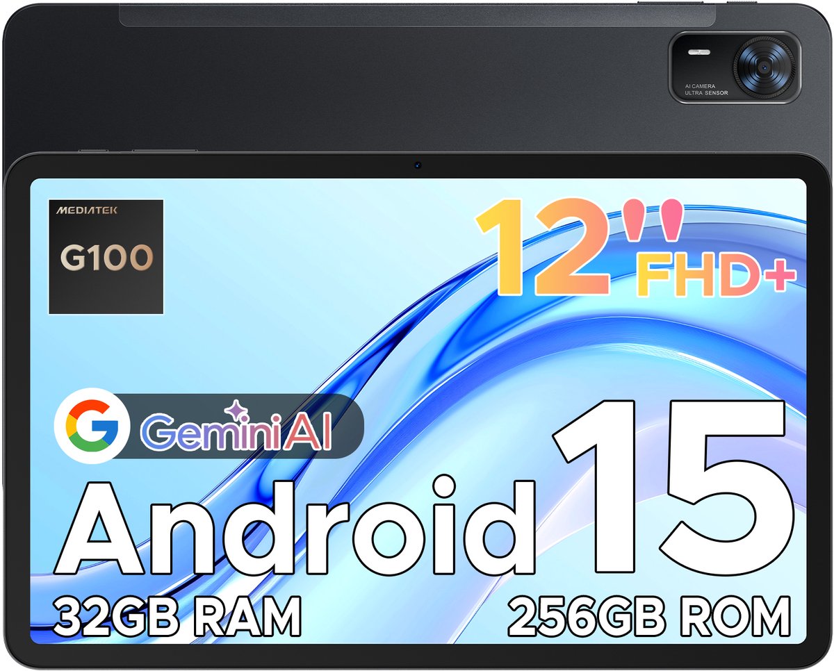Doogee Tab E3+ -Tablet-Android 15- 12 inch 90Hz FHD+ - 4G LTE-Gemini AI-32GB ROM+256GB ROM（2TB TF）-Helio G100-8800mAh/18W-Vier luidsprekers-Face ID-5G Wi-Fi-A GPS-GPS-Zwart