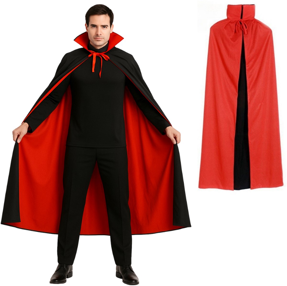 Joya Party® Verkleedcape Dracula stijl | Zwart/Rood | Unisex Cape Volwassenen | Halloween Cape | Vampier Cape | Duivel Cape | Reversible | Verkleed Kostuum Heren en Dames | Kostuum Accessoire | 150 cm