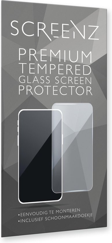 Verpakking van Screenz Premium Tempered Glass Screen Protector voor smartphone. Inclusief schoonmaakdoekje.