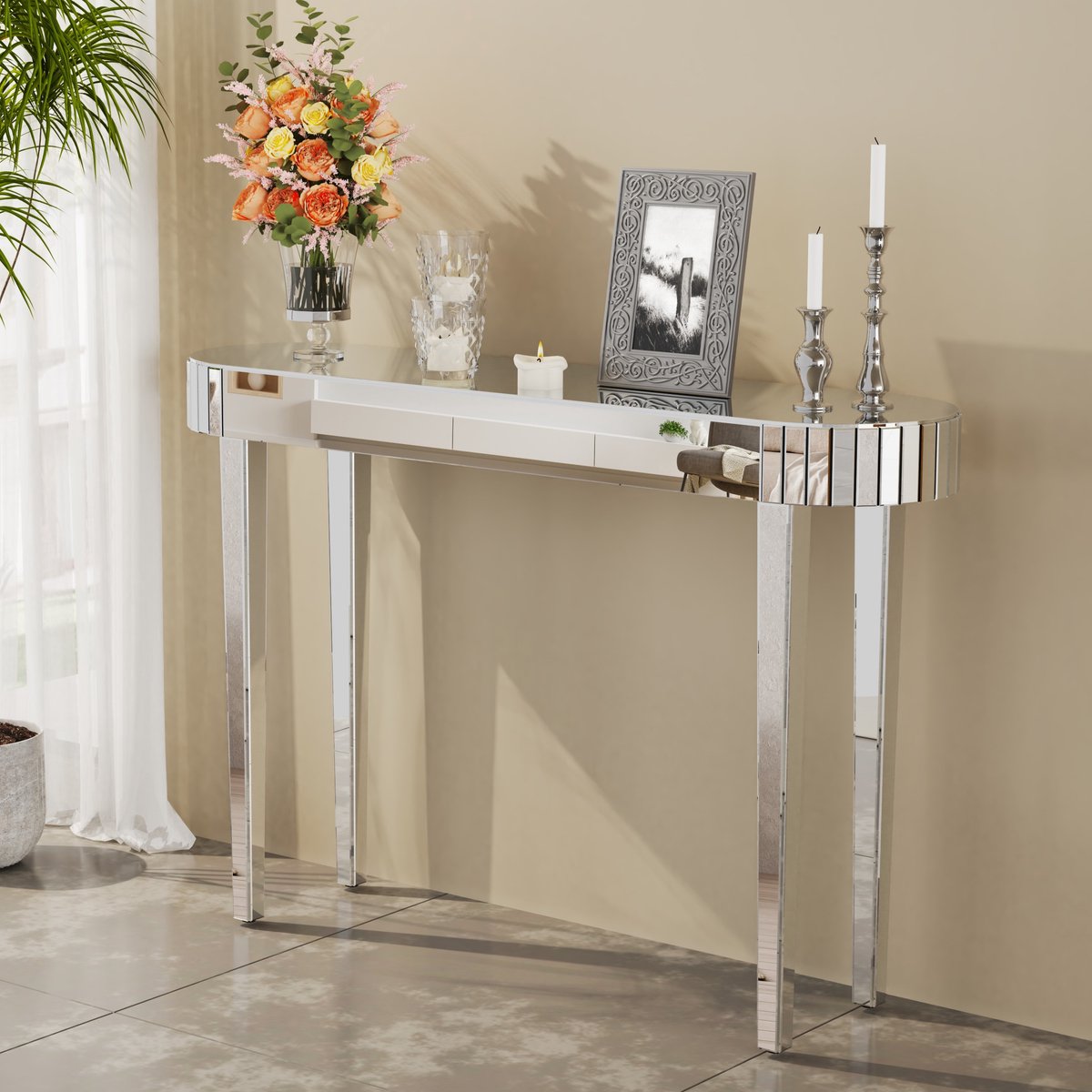 Artloge Consoletafel - Wandtafel - Zilver - 120L x 32B x 80H cm - Spiegel Consoletafel - Sidetable - Haltafel - Moderne Bijzettafel - Art Deco Meubel - Decoratieve Spiegel Rand