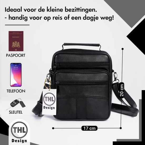THL Design - Petit sac bandoulière en cuir pour homme et femme - Cuir véritable - Zwart