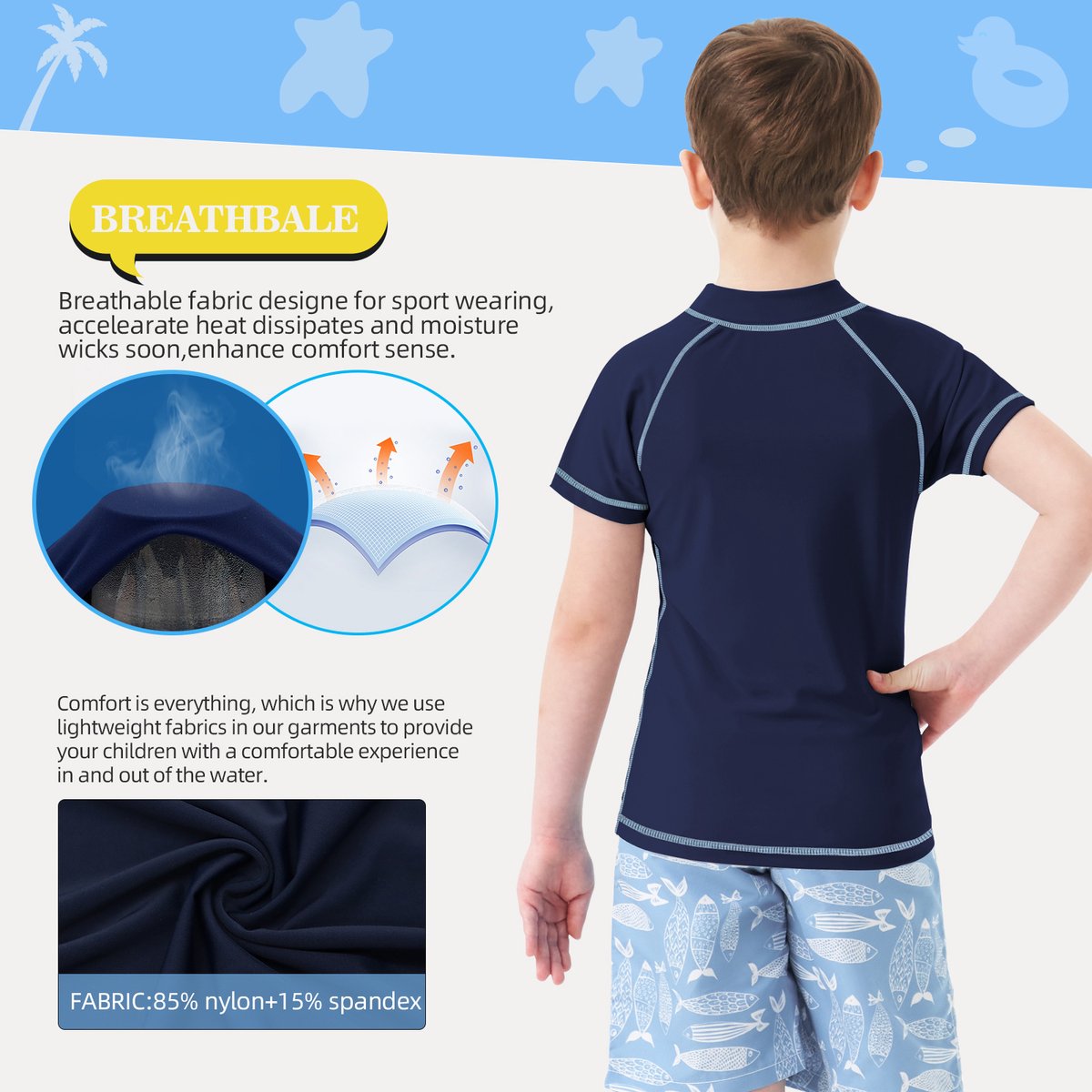MEETHOO Jongens zwemshirt met korte mouwen, kinderzwemshirt met UV - bescherming, rashvest, surfshirt, snel drogend strandshirt - Korte mouwen - MARINE — afbeelding 7