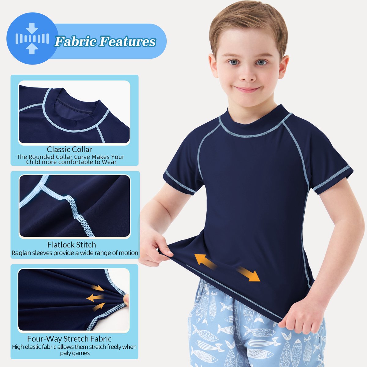 MEETHOO Jongens zwemshirt met korte mouwen, kinderzwemshirt met UV - bescherming, rashvest, surfshirt, snel drogend strandshirt - Korte mouwen - MARINE — afbeelding 5