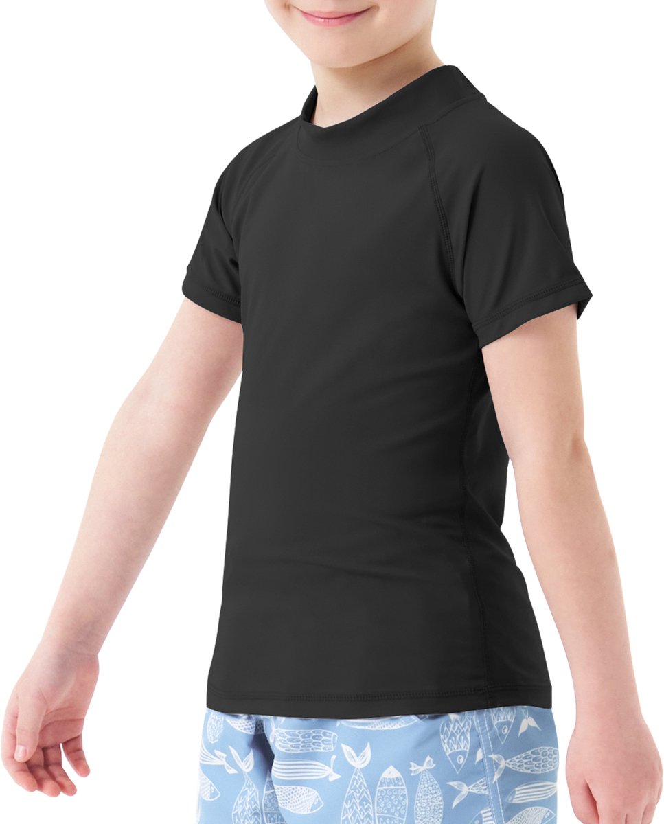 MEETHOO Jongens zwemshirt met korte mouwen, kinderzwemshirt met UV - bescherming, rashvest, surfshirt, snel drogend strandshirt - Korte mouwen - ZWART