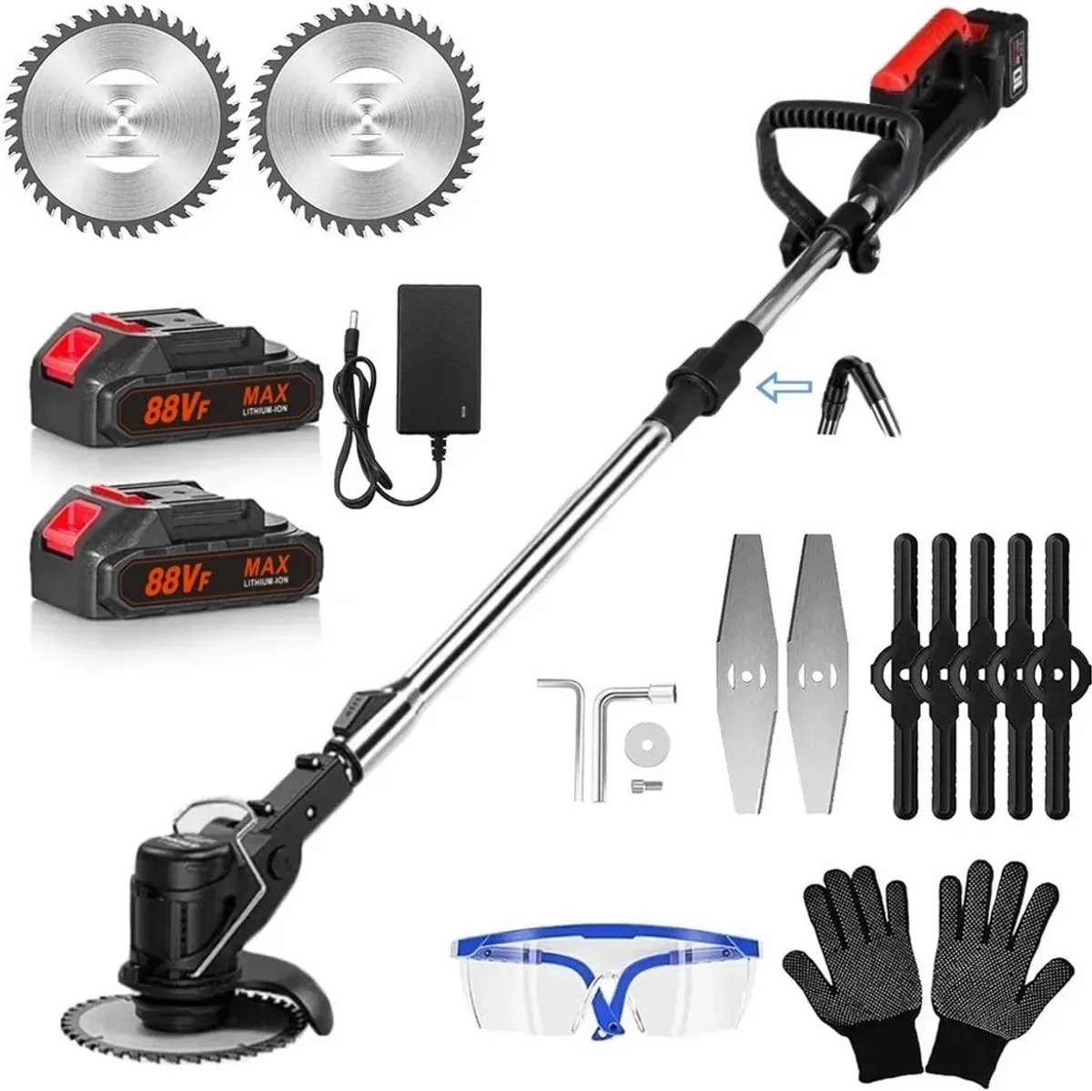 Accu grastrimmer met accu, gazonkantentrimmer met 2 accu's 21V en Freischneider & Motorsense met telescopische steel + extra handgreep, opvouwbare grasmaaier