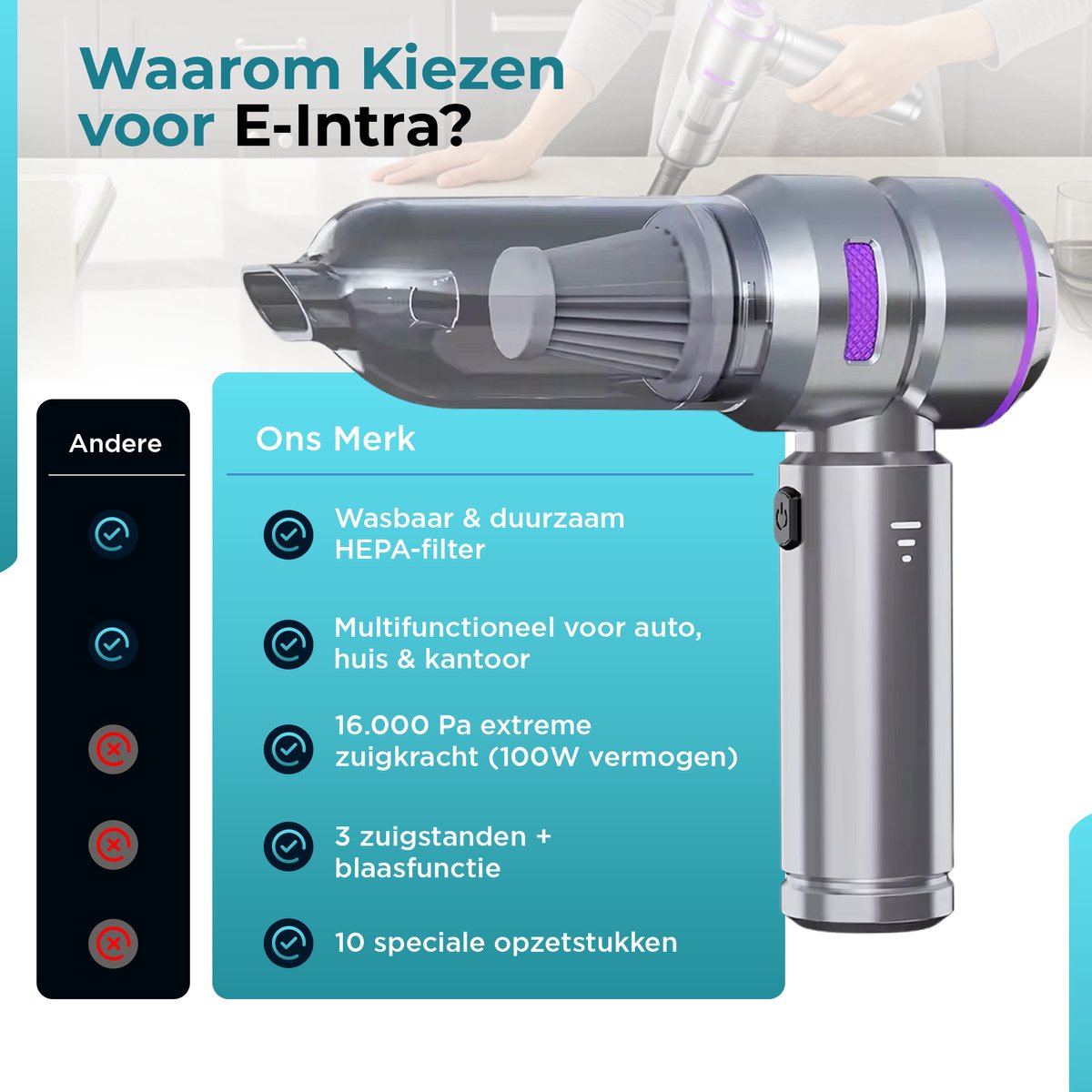 E-Intra IntraPure 16000PA - Kruimeldief Snoerloos - 3 Zuig & - afbeelding 3