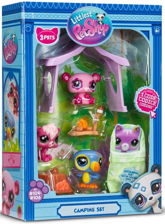 Set de jeu Littlest Pet Shop en boîte. Comprend ours rose, écureuil rose, oiseau bleu, tente violette et panda.