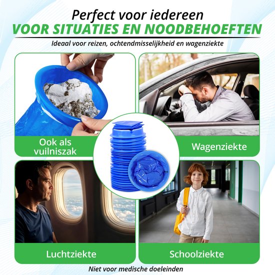 Voorbeelden van gebruik: als vuilniszak, bij wagenziekte, luchtziekte en schoolziekte. Blauwe braakzakjes.