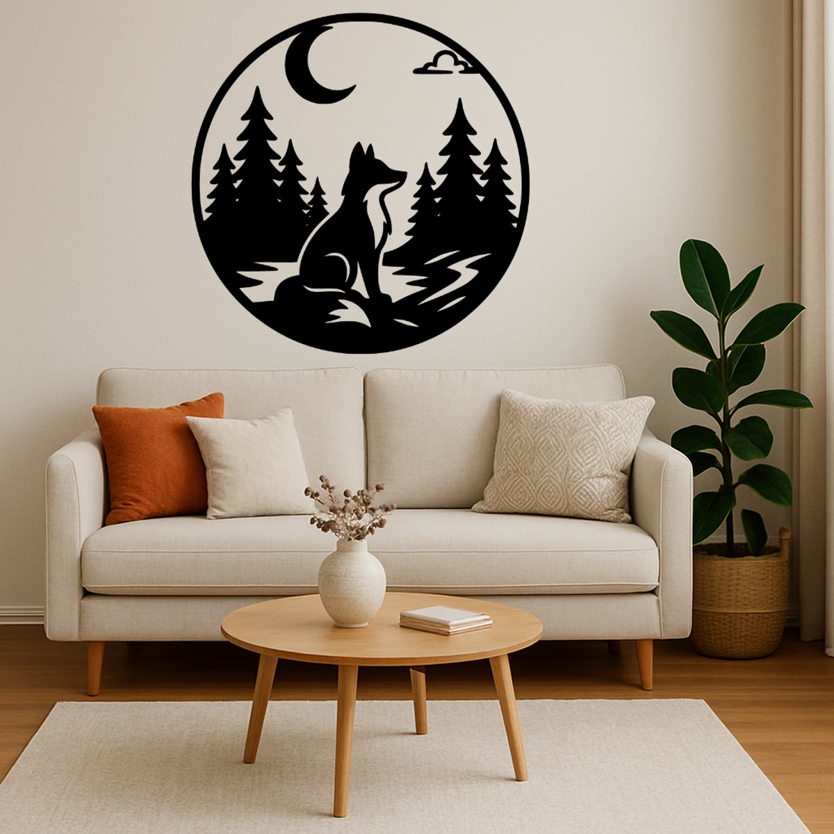 Vos in Cirkel Wanddecoratie Hout – Natuur Muurdecoratie – Lasergesneden Dieren Design – Stijlvol Cadeau voor Natuurliefhebber – Woonkamer & Kantoor Decor – 70 cm Breed