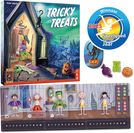 Doos en onderdelen van het bordspel Tricky Treats, Winnaar Speelgoed van het jaar 2025.