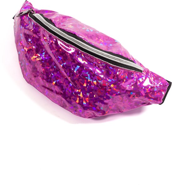 Roze holografisch heuptasje met zilverkleurige rits.