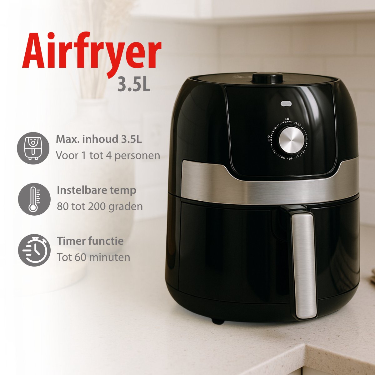 Afbeelding 2 van alpina Airfryer 3.5L - Heteluchtfriteuse 2 tot 3 Personen - Air Fryer met Instelbare Temperatuur van 80 tot 200°C - Hetelucht oven Airfryer Timer tot 60 Minuten - 1400W - Zwart