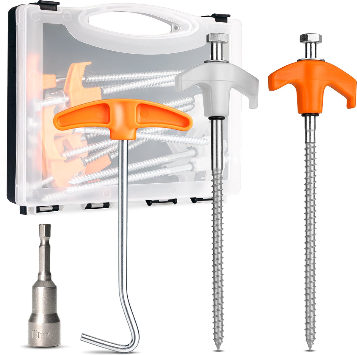 Schroefbare Tentharingen Set met Lichtgevende Haringen – 16‑delig - met 13mm Bitje voor Accuboormachine, Haringtrekker en Opbergkoffer