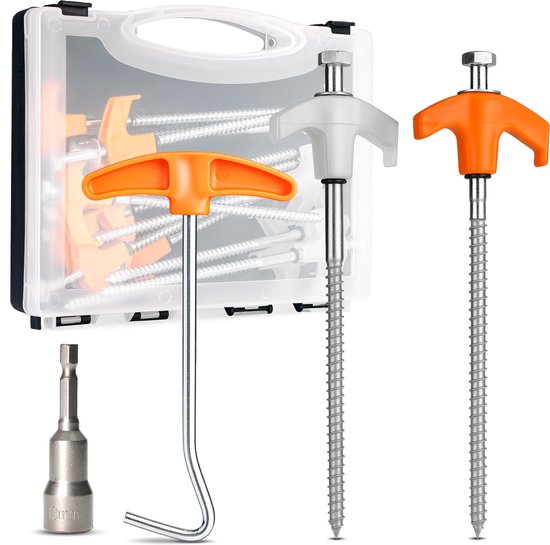 Set de Piquets de tente à visser avec piquets phosphorescents – 16 pièces avec mèche de 13 mm pour perceuse sans fil, extracteur de piquets et étui de rangement