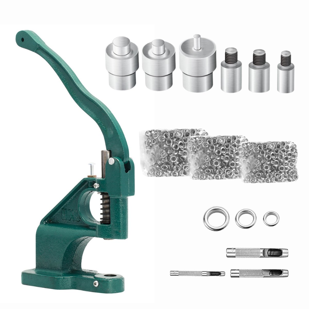 Creatorally Metalen Oogjestang - Oogpons met 3 matrijzen 6/10/12 mm en 1500 stuks - Klinknageloogjes - Handpersmachine - Perforators - Oogpons - donkergroen