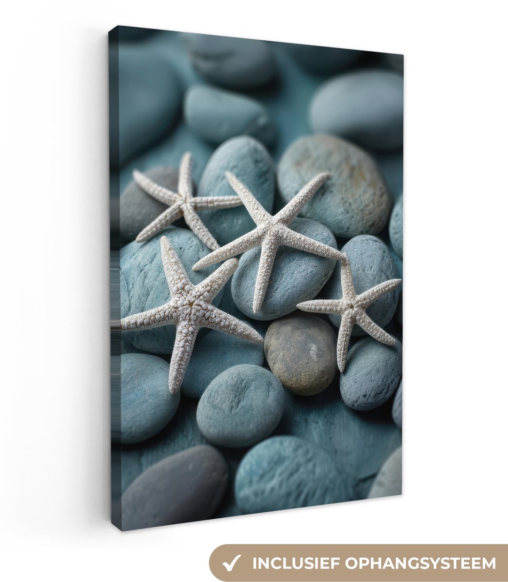 Canvas schilderij 90x140 cm - Exclusieve wanddecoratie Zeesterren - Stenen - Wit - Muurdec