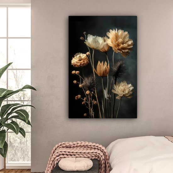 Tableau sur toile 80x120 cm - Décoration murale Bouquet - Fleurs - Lumière - Zwart - Décoration murale salon - Décoration chambre - Accessoires chambre - Peintures sur toile