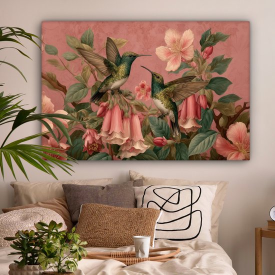 Tableau sur toile 120x80 cm - Décoration murale Colibris - Fleurs - Vert - Rose - Décoration murale salon - Décoration chambre - Accessoires chambre - Peintures sur toile