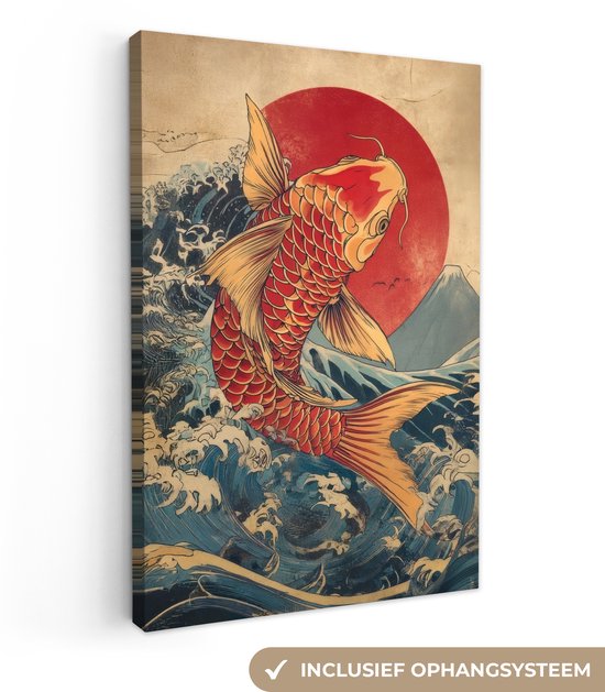 Canvas schilderij 80x120 cm - Wanddecoratie Koi - Zee - Golven - Zon - Muurdecoratie woonkamer - Slaapkamer decoratie - Kamer accessoires - Schilderijen op canvas