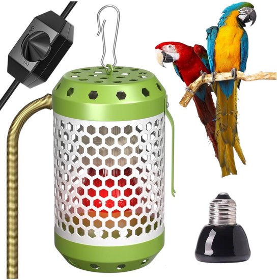 Vogelkooiverwarming - Warmtelampen - Papegaaienverwarming - Groen - Instelbare temperatuur - Met 1 100W-lamp - Keramische warmtelamp - Hangende vogelkooiverwarming - Houdt huisdieren de hele winter warm