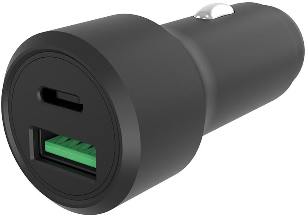 HQ-Power Auto-snellader, 1x USB-A QC en 1x USB-C PD, voor laptop, tablet of smartphone, veilig en ultracompact, 38W, aluminium behuizing, zwart