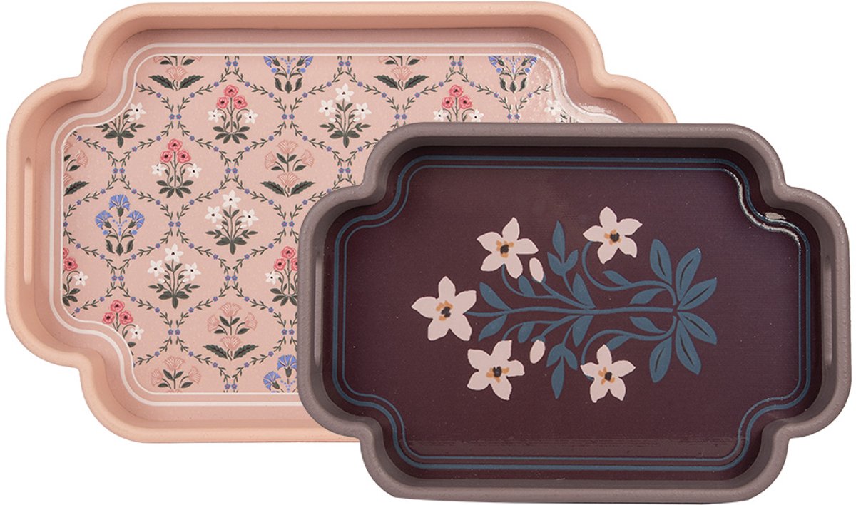 Clayre & Eef Dienblad set van 2 Grijs Hout Bloemen