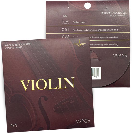 Verpakking VSP-25 Medium Tension Steel Violin Strings 4/4. Zijkant toont specificaties: 0.25 Carbon steel, 0.51, 0.68, 1.88 mm Steel core & aluminium-magnesium winding.