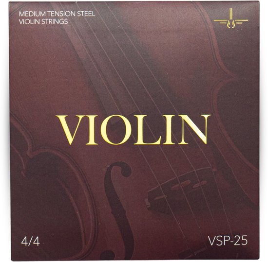 VSP-25 Medium Tension Steel Violin Strings 4/4. Medium bruine verpakking met viool-design en gouden letters.