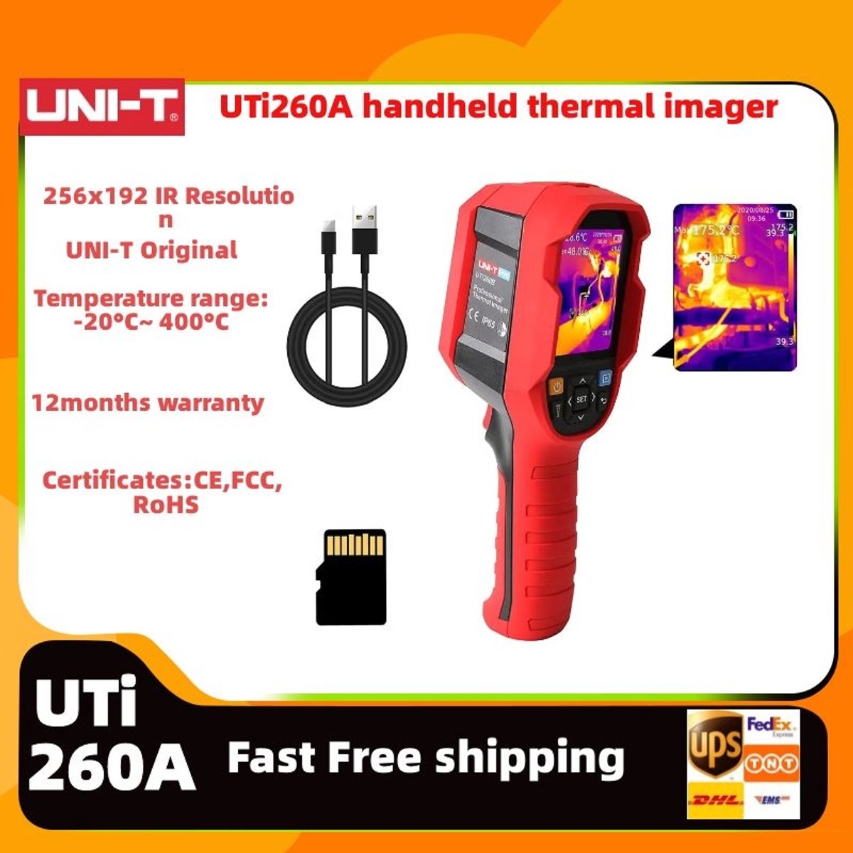 UNI-T Temperatuur meetgereedschapUTi260A - IR-resolutie 256 x 195 - USB-cameramodus/beeldanalyse - Vernieuwingsfrequentie 25 Hz