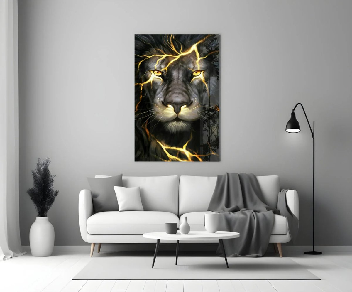 Glasschilderij - Leeuw met Bliksem - Krachtig Dieren Poster - 90x60 cm