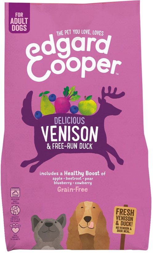 Paarse zak hondenvoer. Met edgard cooper logo. Met 'Delicious Venison & Free-run Duck'.